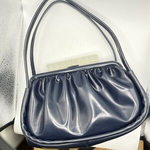 Navy Blue Faux Leather Lucite Bar Clasp Vintage Rouched Purse Handbag
